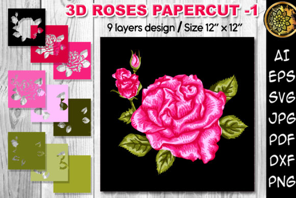 3D Valentine Rose Flowers Clipart -1 for Shadow Boxes & 3D SVG Projects
